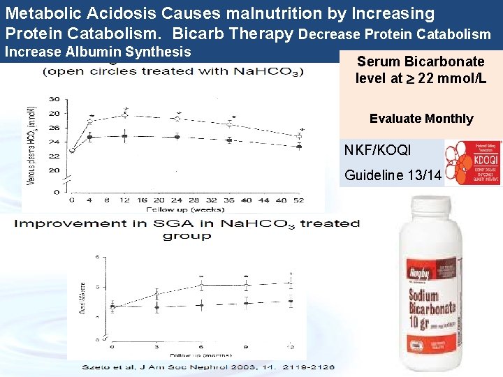 Metabolic Acidosis Causes malnutrition by Increasing Protein Catabolism. Bicarb Therapy Decrease Protein Catabolism Increase