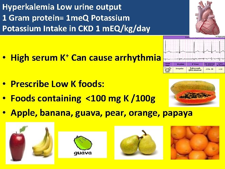 Hyperkalemia Low urine output 1 Gram protein= 1 me. Q Potassium Intake in CKD