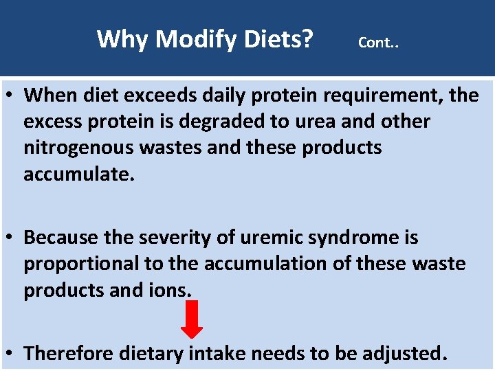 Why Modify Diets? Cont. . • When diet exceeds daily protein requirement, the excess