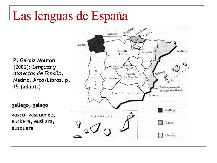 Las lenguas de España P. García Mouton (2002): Lenguas y dialectos de España, Madrid,