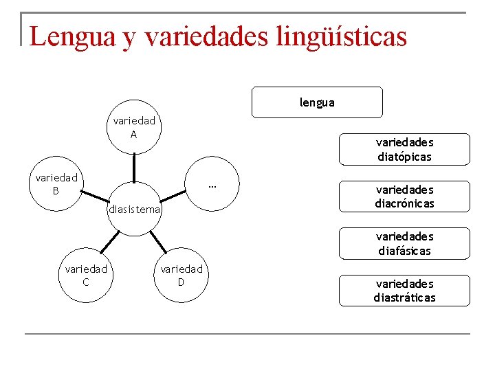 Lengua y variedades lingüísticas lengua variedad A variedades diatópicas variedad B … diasistema variedades
