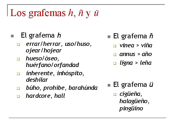 Los grafemas h, ñ y ü El grafema h errar/herrar, uso/huso, ojear/hojear hueso/óseo, huérfano/orfandad