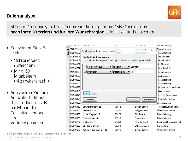 Datenanalyse Mit dem Datenanalyse-Tool können Sie die integrierten D&B-Gewerbedate nach Ihren Kriterien und für