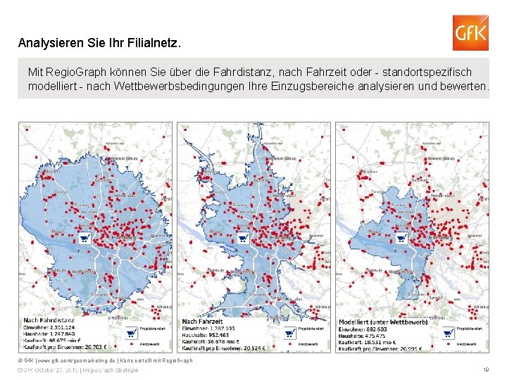 Analysieren Sie Ihr Filialnetz. Mit Regio. Graph können Sie über die Fahrdistanz, nach Fahrzeit