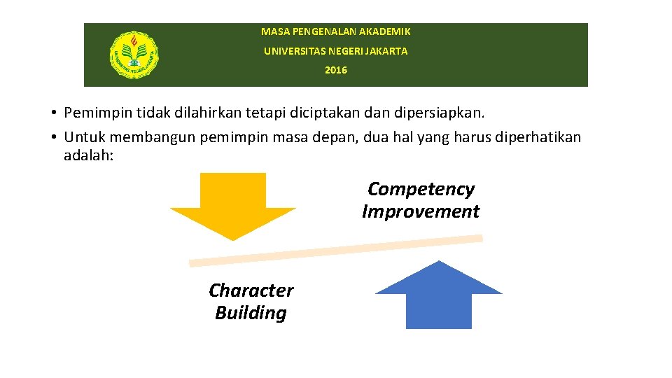 MASA PENGENALAN AKADEMIK UNIVERSITAS NEGERI JAKARTA 2016 • Pemimpin tidak dilahirkan tetapi diciptakan dipersiapkan.