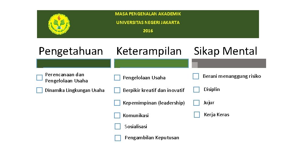 MASA PENGENALAN AKADEMIK UNIVERSITAS NEGERI JAKARTA 2016 Pengetahuan Keterampilan Sikap Mental Perencanaan dan Pengelolaan MASA PENGENALAN AKADEMIK UNIVERSITAS NEGERI JAKARTA 2016 Pengetahuan Keterampilan Sikap Mental Perencanaan dan Pengelolaan