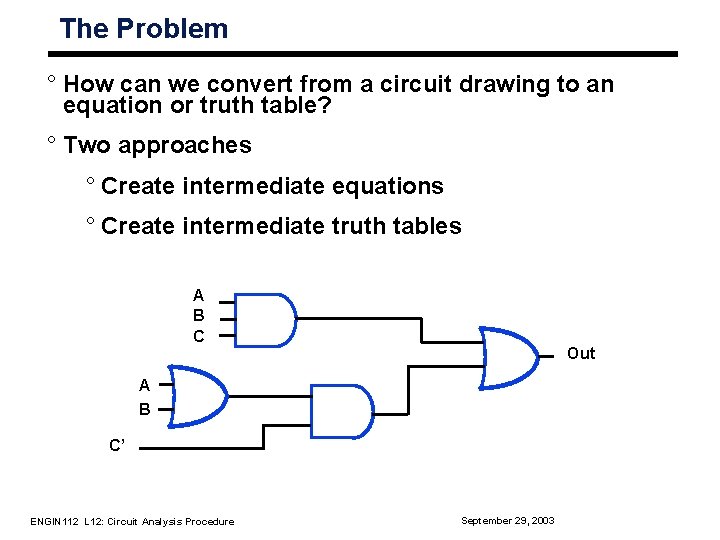 The Problem ° How can we convert from a circuit drawing to an equation