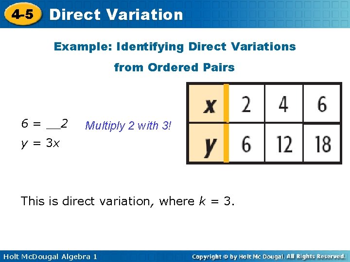 4 -5 Direct Variation Example: Identifying Direct Variations from Ordered Pairs 6 = __2