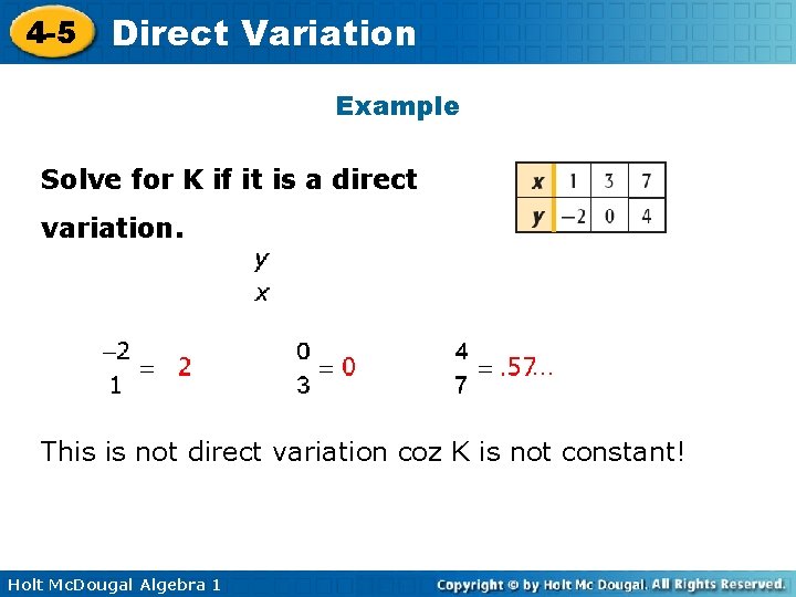 4 -5 Direct Variation Example Solve for K if it is a direct variation.