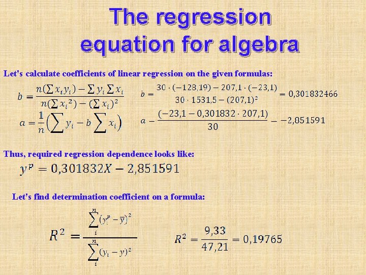 The regression equation for algebra Let's calculate coefficients of linear regression on the given