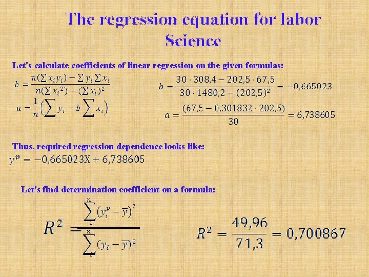 The regression equation for labor Science Let's calculate coefficients of linear regression on the