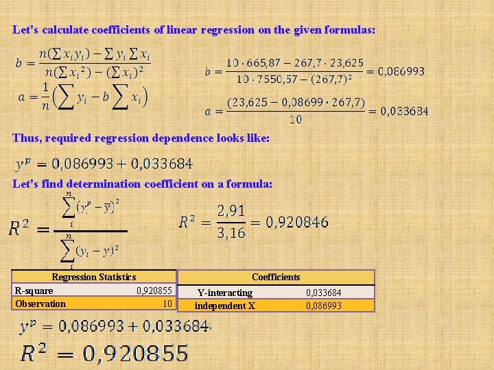 Let's calculate coefficients of linear regression on the given formulas: Thus, required regression dependence