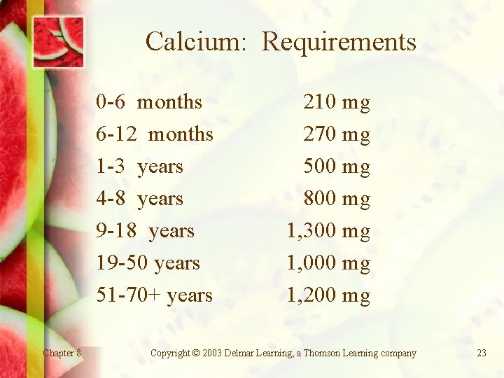 Calcium: Requirements 0 -6 months 6 -12 months 1 -3 years 4 -8 years