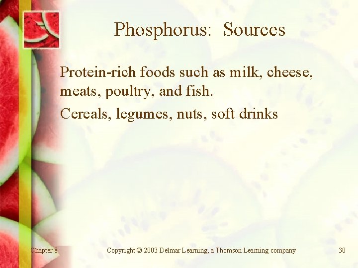 Phosphorus: Sources Protein-rich foods such as milk, cheese, meats, poultry, and fish. Cereals, legumes,