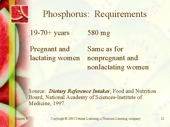 Phosphorus: Requirements 19 -70+ years 580 mg Pregnant and Same as for lactating women