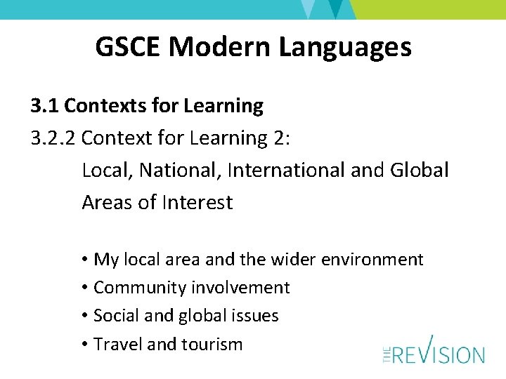 GSCE Modern Languages 3. 1 Contexts for Learning 3. 2. 2 Context for Learning