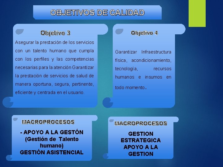 OBJETIVOS DE CALIDAD Objetivo 3 Objetivo 4 Asegurar la prestación de los servicios con