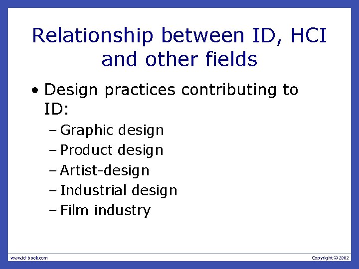 Relationship between ID, HCI and other fields • Design practices contributing to ID: – Relationship between ID, HCI and other fields • Design practices contributing to ID: –