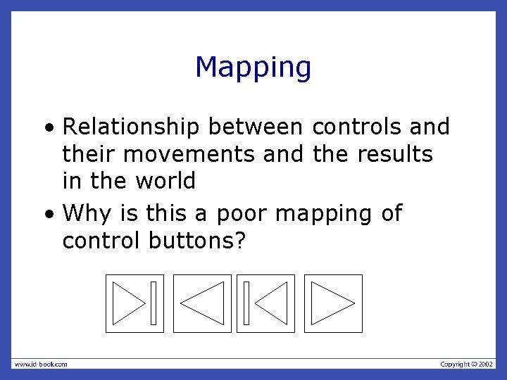 Mapping • Relationship between controls and their movements and the results in the world Mapping • Relationship between controls and their movements and the results in the world