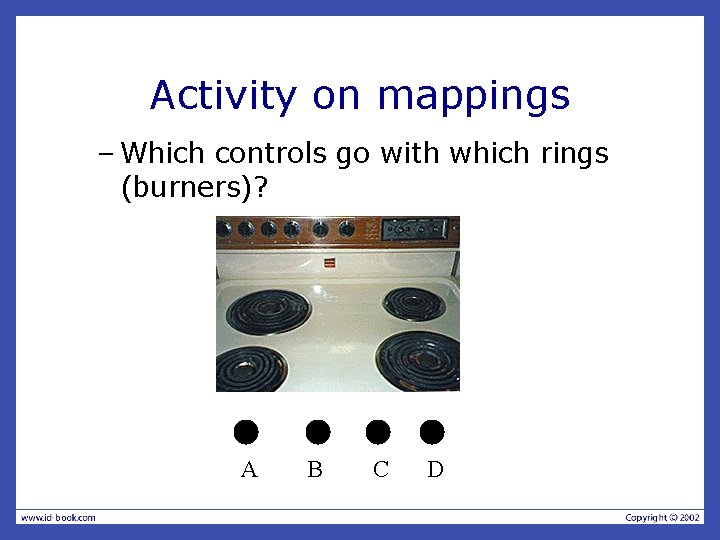 Activity on mappings – Which controls go with which rings (burners)? A B C Activity on mappings – Which controls go with which rings (burners)? A B C
