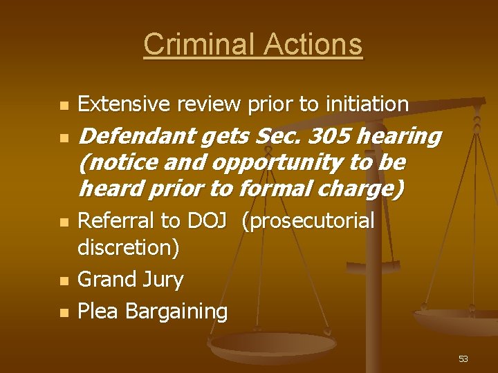 Criminal Actions n n n Extensive review prior to initiation Defendant gets Sec. 305