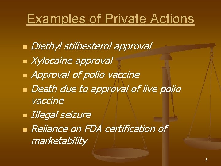 Examples of Private Actions n n n Diethyl stilbesterol approval Xylocaine approval Approval of