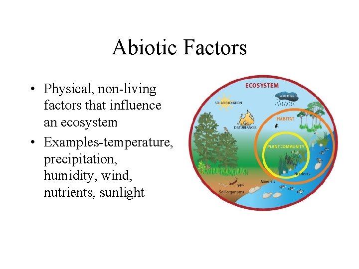 Abiotic Factors • Physical, non-living factors that influence an ecosystem • Examples-temperature, precipitation, humidity,