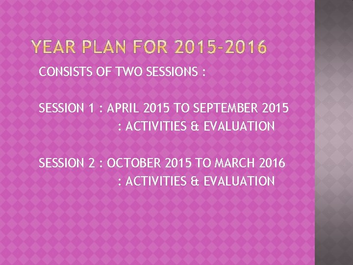 CONSISTS OF TWO SESSIONS : SESSION 1 : APRIL 2015 TO SEPTEMBER 2015 :