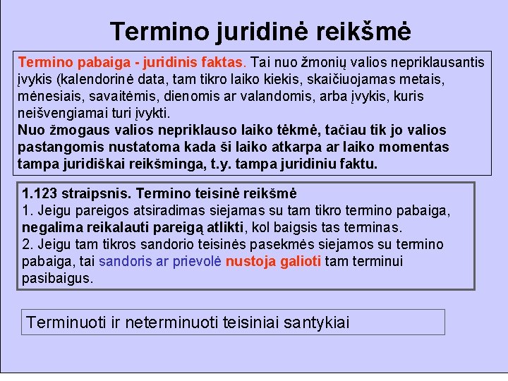 Termino juridinė reikšmė Termino pabaiga - juridinis faktas. Tai nuo žmonių valios nepriklausantis įvykis