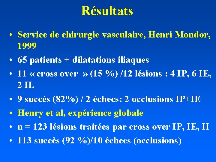 Résultats • Service de chirurgie vasculaire, Henri Mondor, 1999 • 65 patients + dilatations