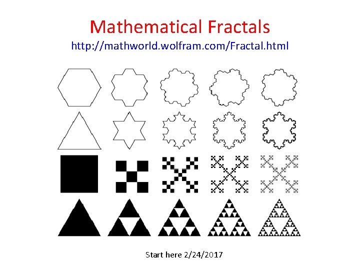 Mathematical Fractals http: //mathworld. wolfram. com/Fractal. html Start here 2/24/2017 