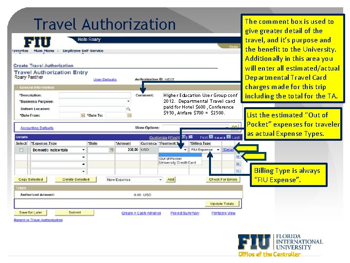 Travel Authorization Higher Education User Group conf 2012. Departmental Travel card paid for Hotel