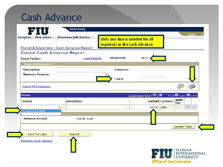 Cash Advance Only one line is needed for all expenses in the cash advance.