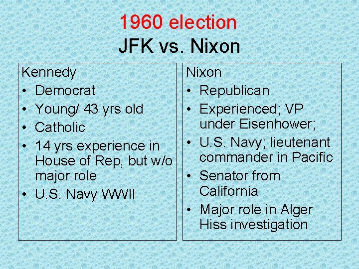 1960 election JFK vs. Nixon Kennedy • Democrat • Young/ 43 yrs old •