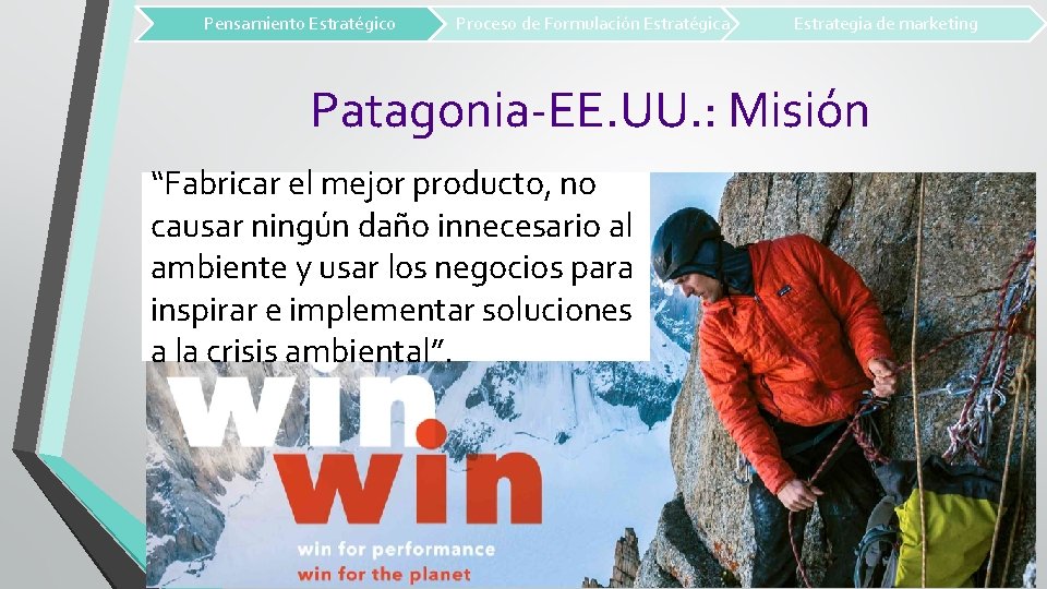 Pensamiento Estratégico Proceso de Formulación Estratégica Estrategia de marketing Patagonia-EE. UU. : Misión “Fabricar