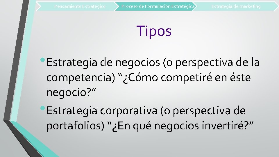 Pensamiento Estratégico Proceso de Formulación Estratégica Estrategia de marketing Tipos • Estrategia de negocios