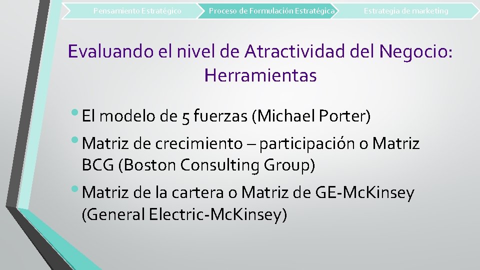 Pensamiento Estratégico Proceso de Formulación Estratégica Estrategia de marketing Evaluando el nivel de Atractividad