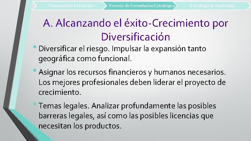 Pensamiento Estratégico Proceso de Formulación Estratégica Estrategia de marketing A. Alcanzando el éxito-Crecimiento por