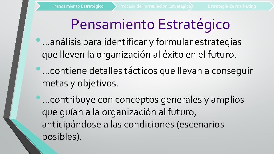 Pensamiento Estratégico Proceso de Formulación Estratégica Estrategia de marketing Pensamiento Estratégico • …análisis para