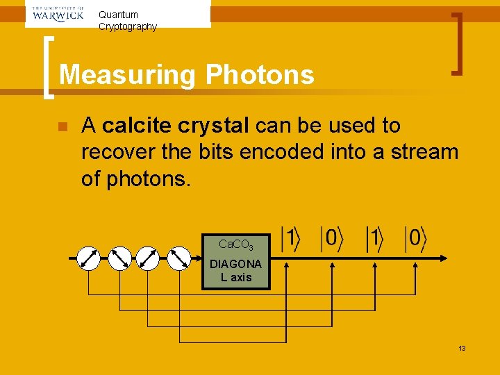 Quantum Cryptography Measuring Photons n A calcite crystal can be used to recover the