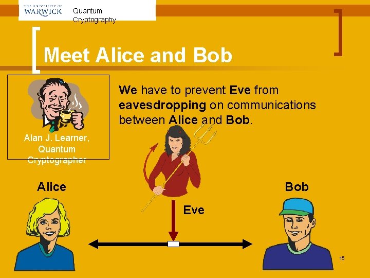 Quantum Cryptography Meet Alice and Bob We have to prevent Eve from eavesdropping on