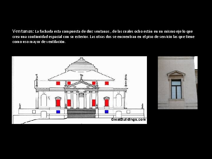 Ventanas: La fachada esta compuesta de diez ventanas , de las cuales ocho están