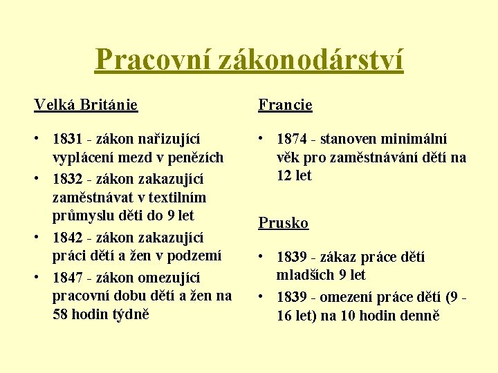 Pracovní zákonodárství Velká Británie Francie • 1831 - zákon nařizující vyplácení mezd v penězích