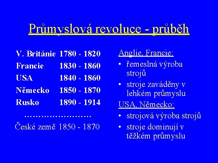 Průmyslová revoluce - průběh V. Británie 1780 - 1820 Francie 1830 - 1860 USA