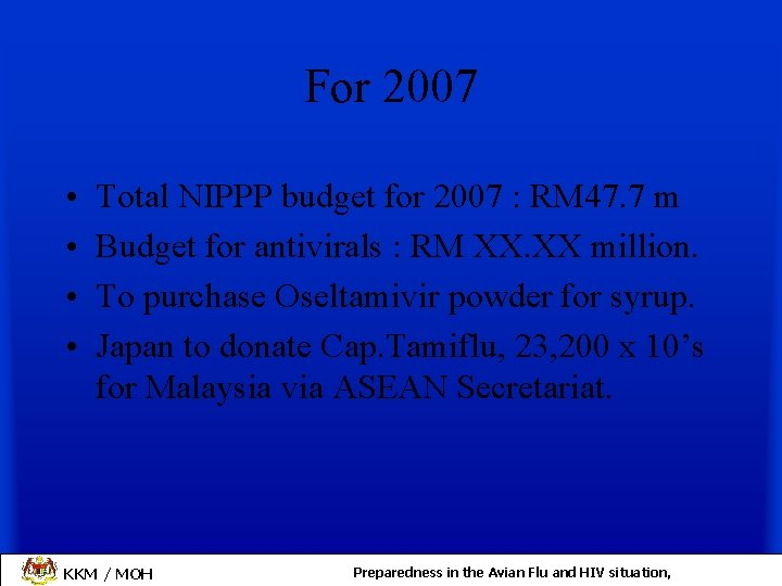 For 2007 • • Total NIPPP budget for 2007 : RM 47. 7 m