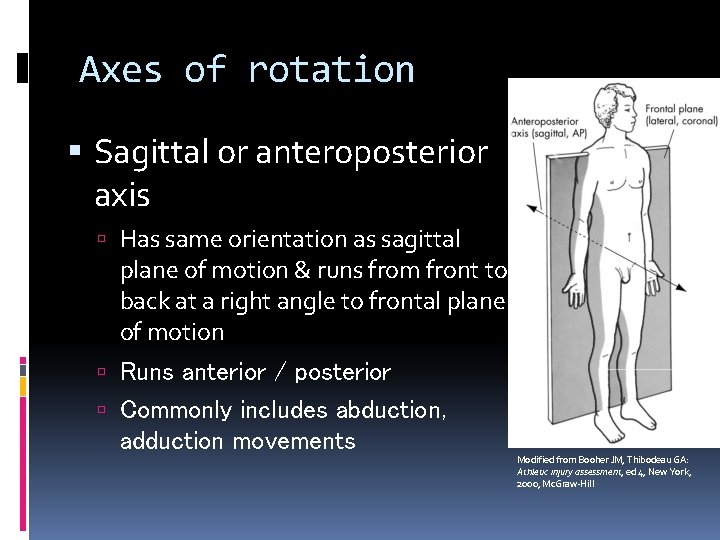 Axes of rotation Sagittal or anteroposterior axis Has same orientation as sagittal plane of