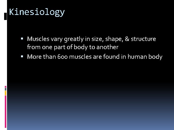 Kinesiology Muscles vary greatly in size, shape, & structure from one part of body