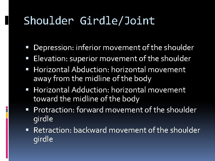 Shoulder Girdle/Joint Depression: inferior movement of the shoulder Elevation: superior movement of the shoulder