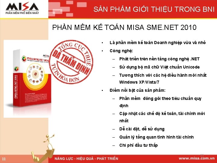 SẢN PHẨM GIỚI THIỆU TRONG BNI PHẦN MỀM KẾ TOÁN MISA SME. NET 2010