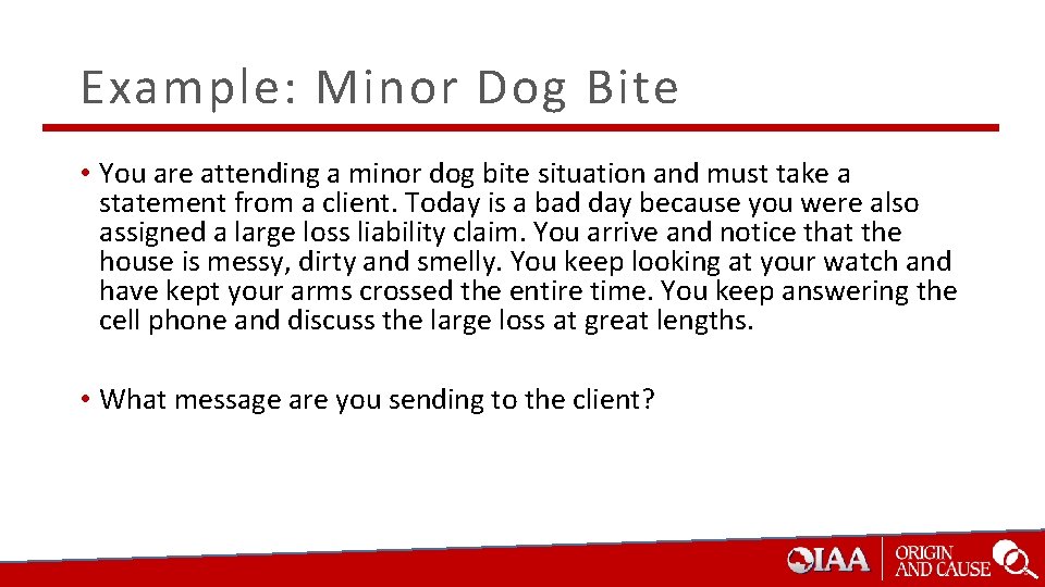 Example: Minor Dog Bite • You are attending a minor dog bite situation and